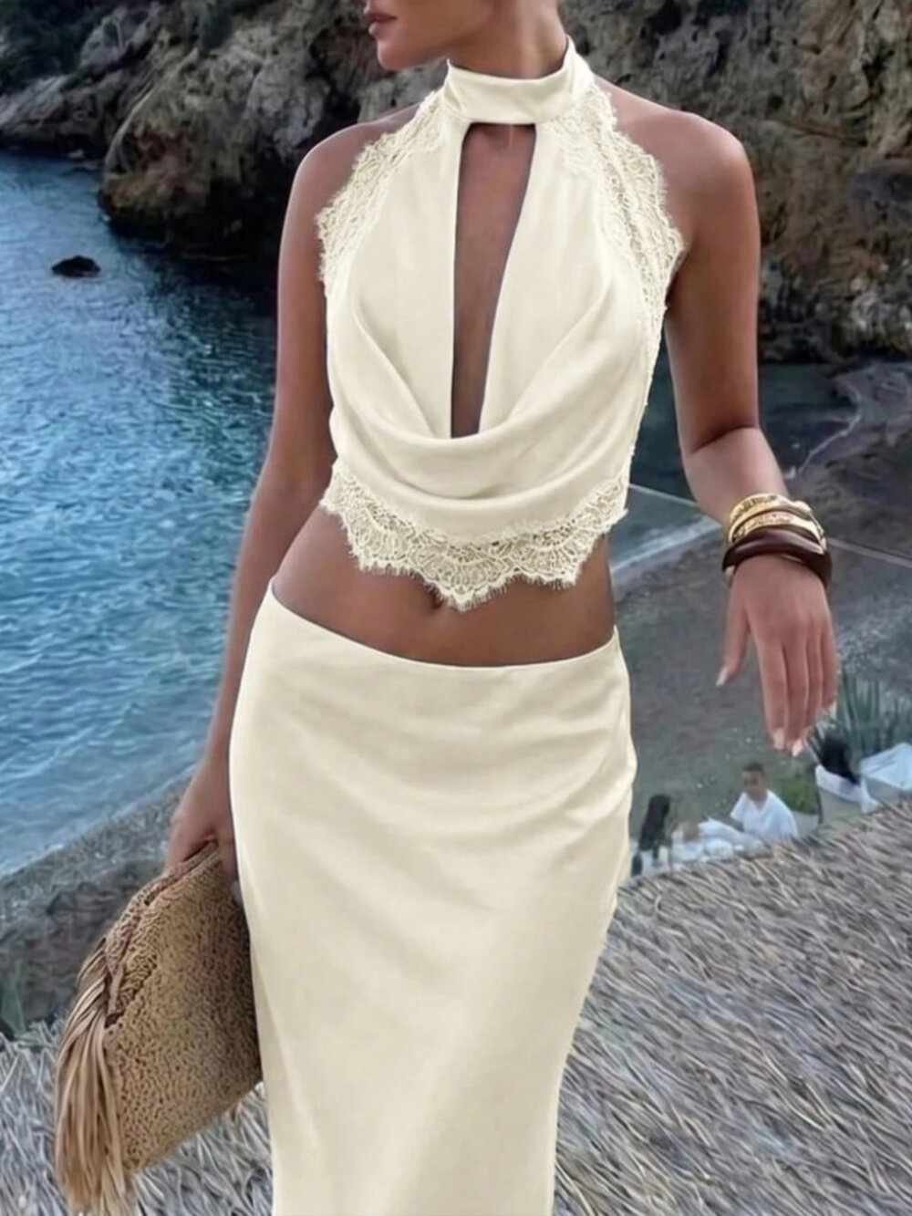 Cream Lace-Trim Halter Crop Top & Maxi Skirt Set